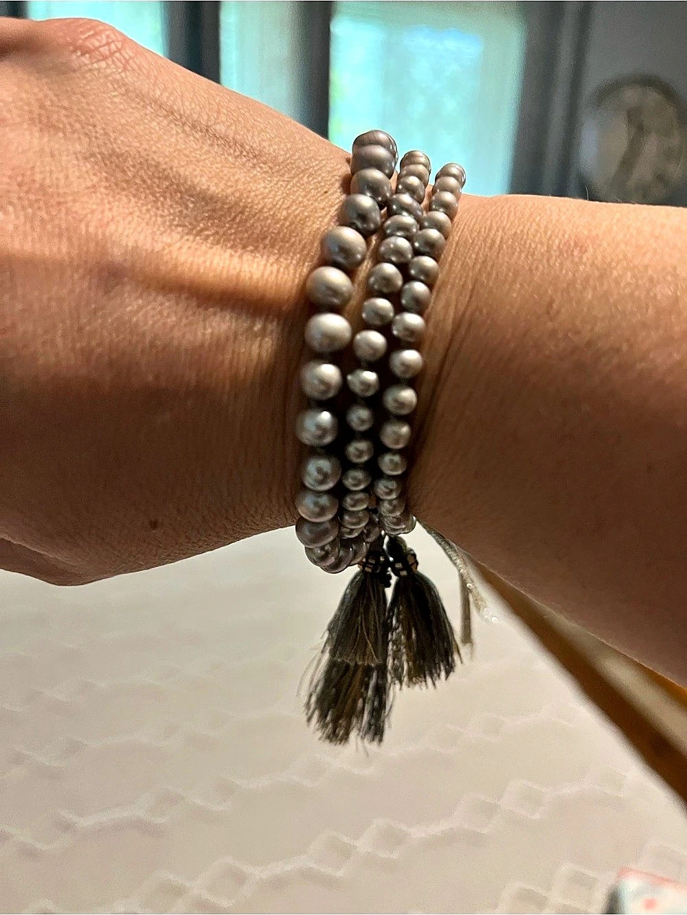 Chan Luu Gray Pearl Beaded Tassel Bracelet